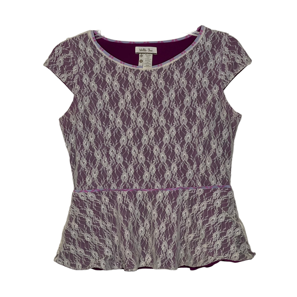 Matilda Jane Womens Top Size Small Lace White Overlay Purple Lined SS Polyester